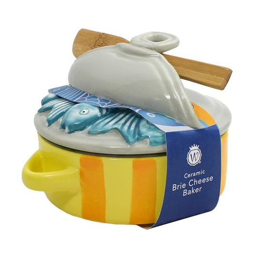 Ceramic Brie cheese baker with fish design and lid.