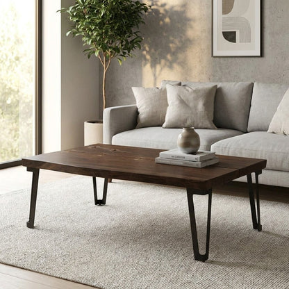Dark wood table with metal legs and minimalist design.