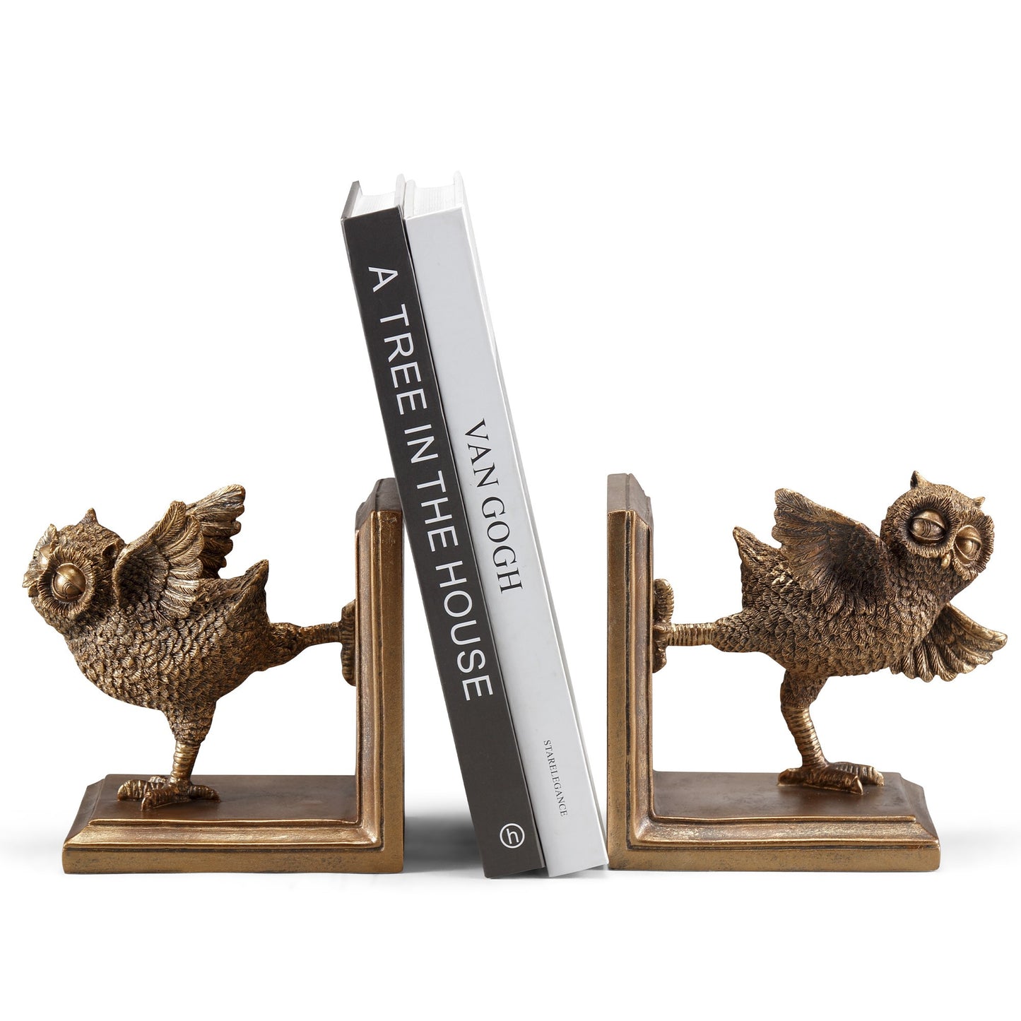 Owl bookends holding two books upright.