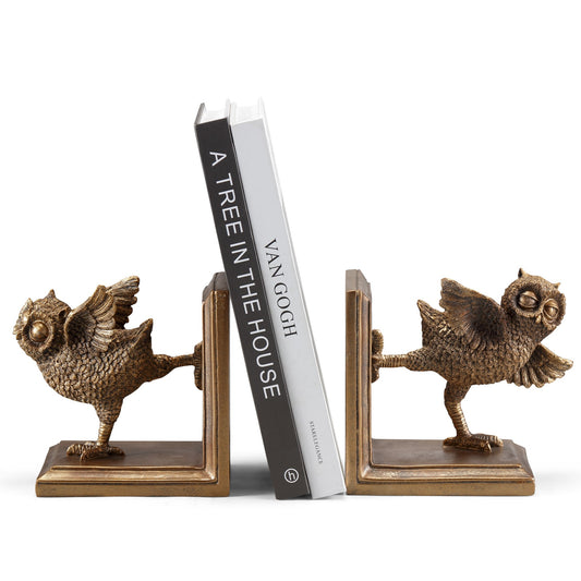 Owl bookends holding two books upright.
