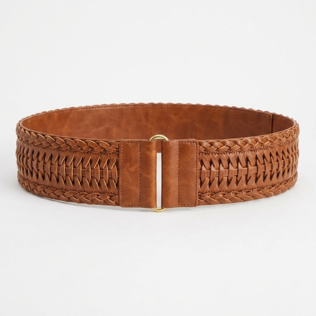 Brown woven leather belt with a broad design and metal buckle.