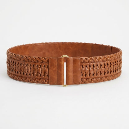 Brown woven leather belt with a broad design and metal buckle.