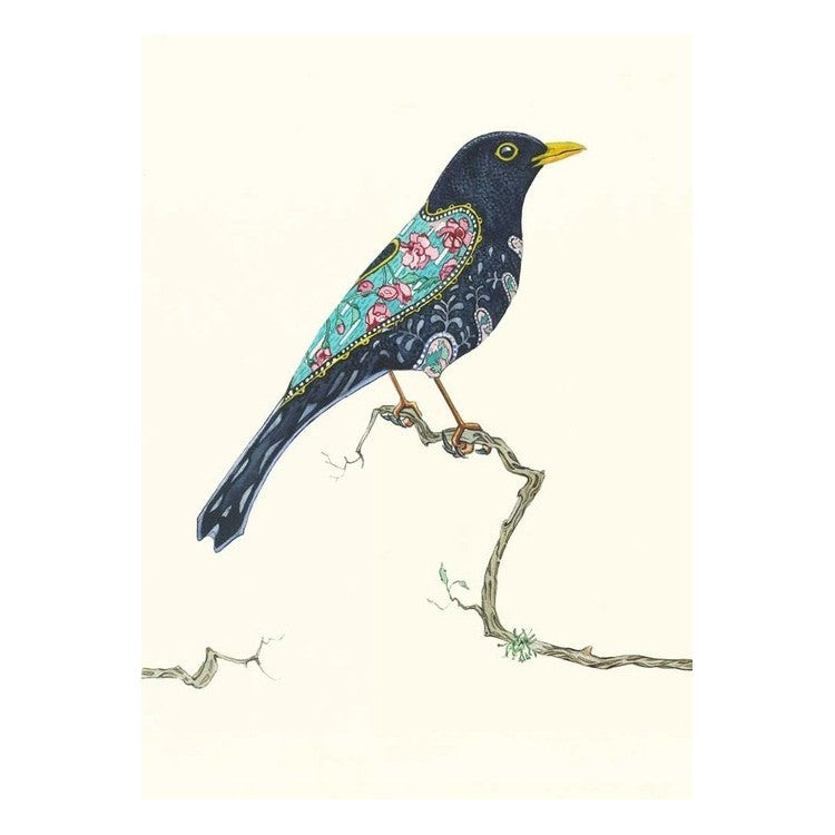 A bird with intricate, colorful patterns perched on a delicate branch.
