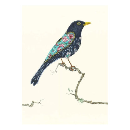 A bird with intricate, colorful patterns perched on a delicate branch.