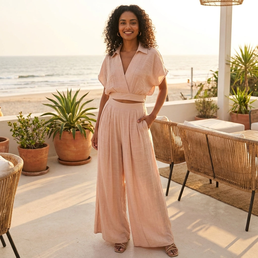 Woman in pink outfit smiling on a beachside terrace.