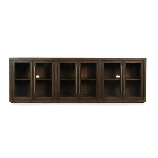 Dark wood cabinet with four glass doors and brass handles.