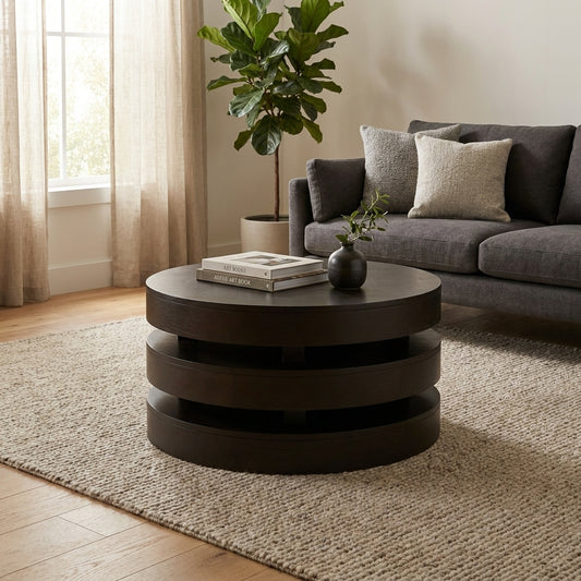 Dark round table with layered, rotating design.
