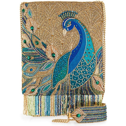 Elegant clutch with intricate peacock design in blue and gold embroidery.