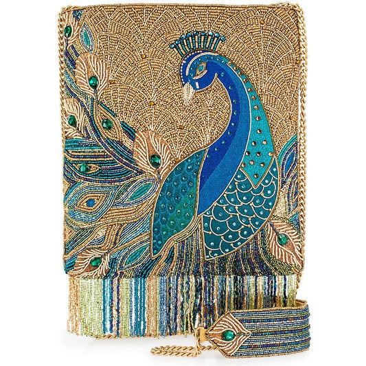 Elegant clutch with intricate peacock design in blue and gold embroidery.