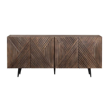 Wooden sideboard with geometric patterns and black legs.