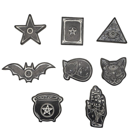 Mystical pins: star, bat, cat, cauldron, hand, eye triangle, tarot card, and cat face.