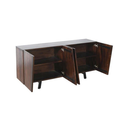 Dark wooden sideboard with open doors and shelves.