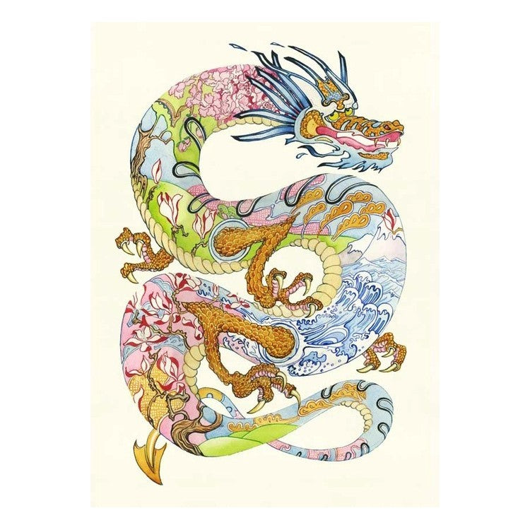 Colorful dragon with intricate patterns and floral designs.