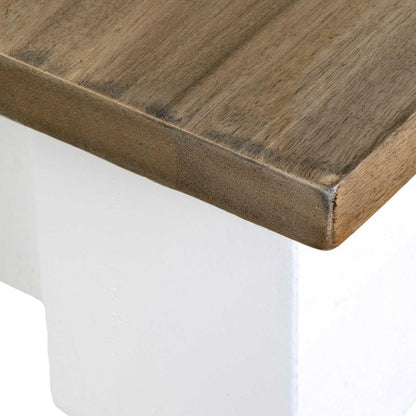 Wooden tabletop with a smooth finish on a white base.