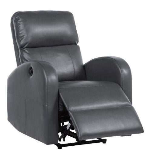 Gray recliner chair with footrest extended.