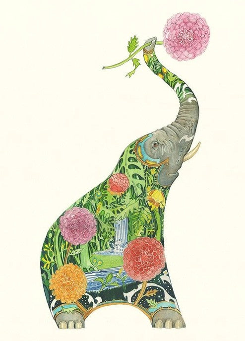 Elephant with lush jungle and flowers depicted within its silhouette.