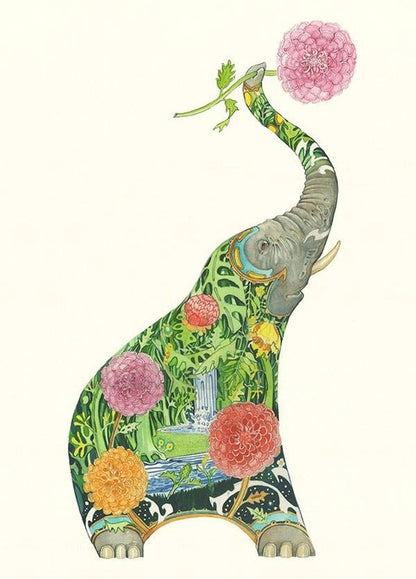 Elephant with lush jungle and flowers depicted within its silhouette.