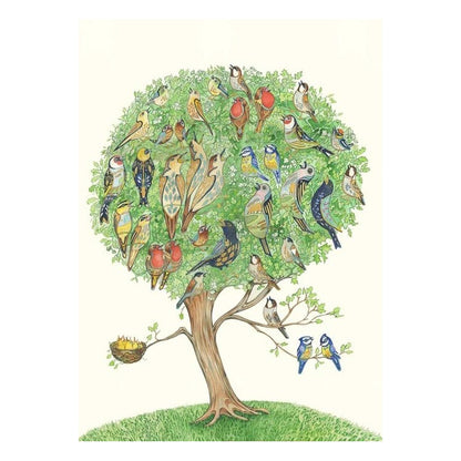 Tree adorned with vibrant birds and scattered red apples.