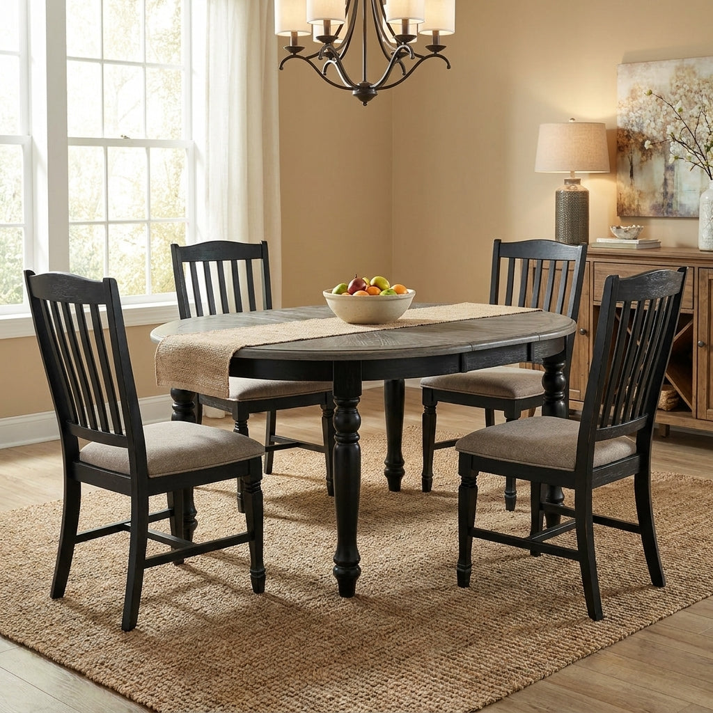 Wooden oval table with black turned legs.