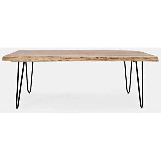 Wooden table with hairpin metal legs.