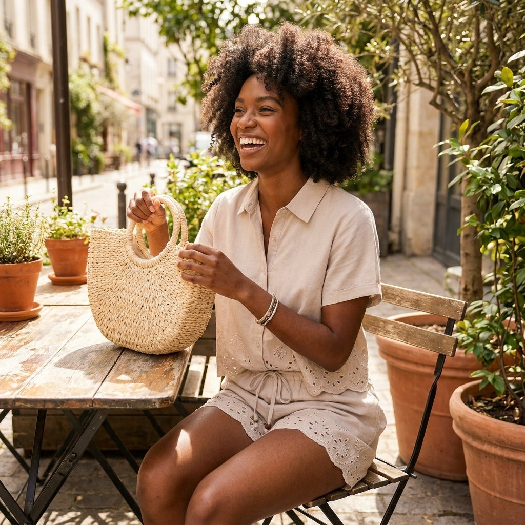 Woman in beige outfit laughing at an outdoor cafe.