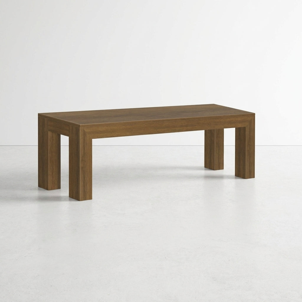 Wooden table on a minimalist white background.