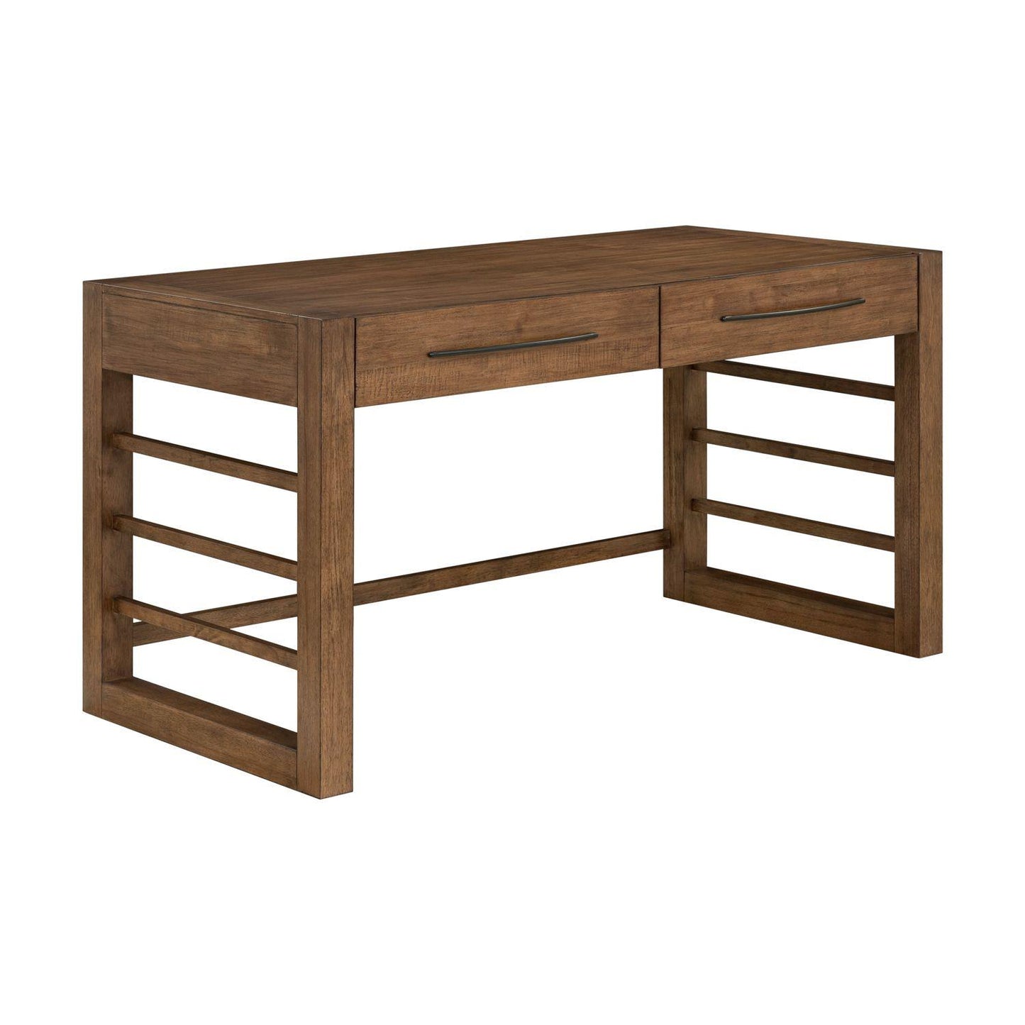 Wooden desk with two drawers and ladder-like side design.