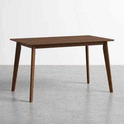 Wooden table with angled legs on a gray floor.