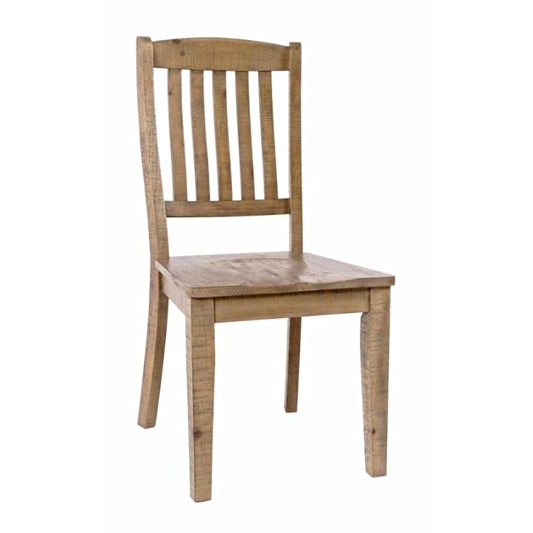 Wooden chair with vertical slat backrest.