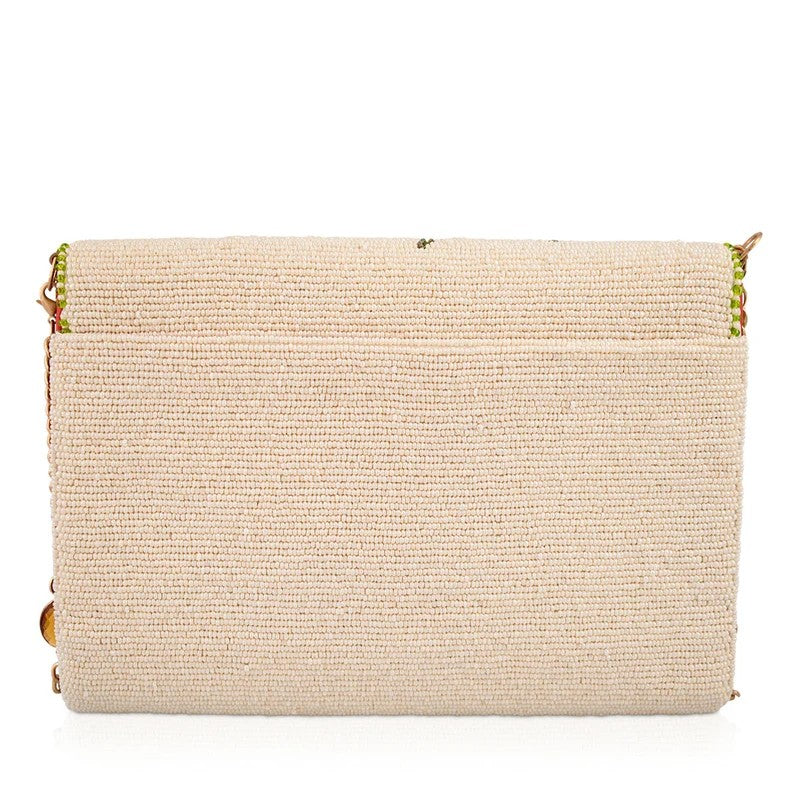 Cream woven clutch with green accents and gold details on the side.