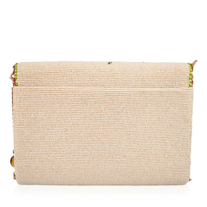 Cream woven clutch with green accents and gold details on the side.
