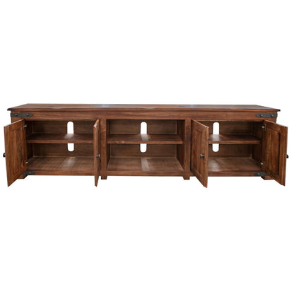 Wooden cabinet with open doors and shelves.
