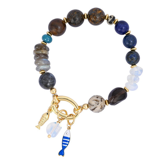 Beaded bracelet with gold fish charms and multicolored stones.