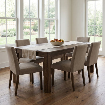 Simple wooden dining table with four legs.