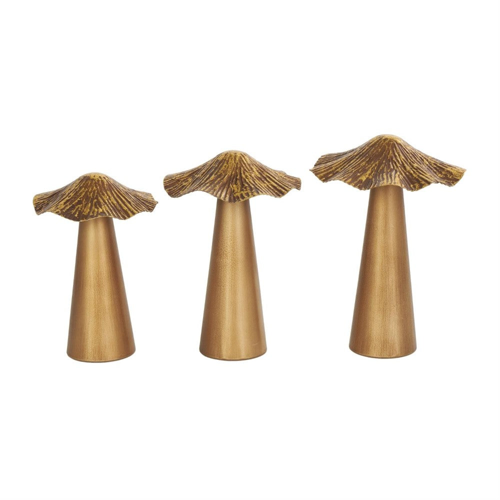 Three gold mushroom-shaped sculptures with textured caps.