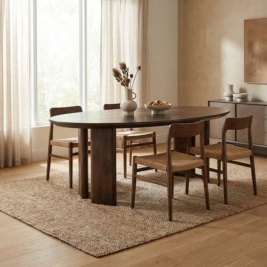 Round wooden table with thick, sturdy legs.