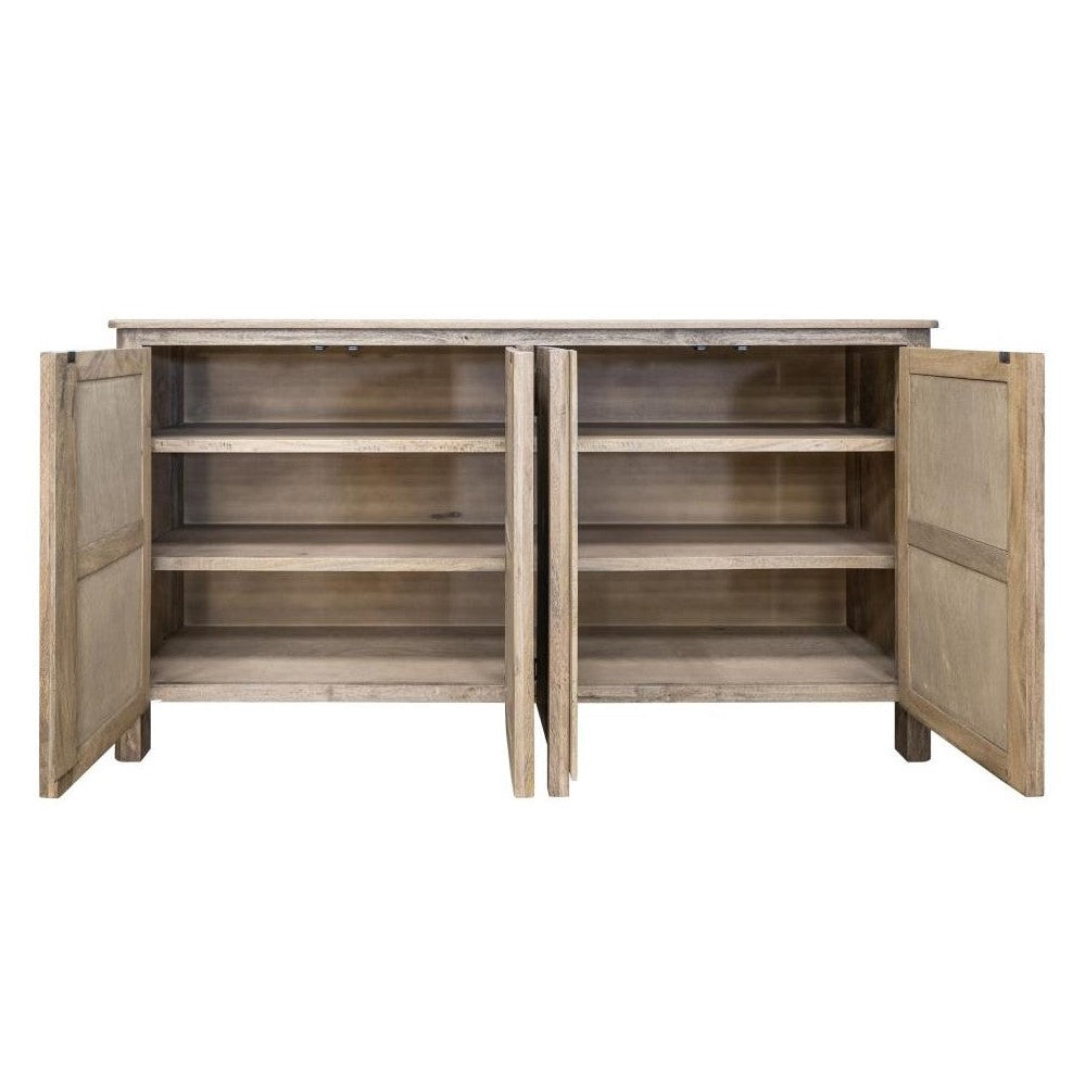 Wooden cabinet with open doors showing empty shelves.