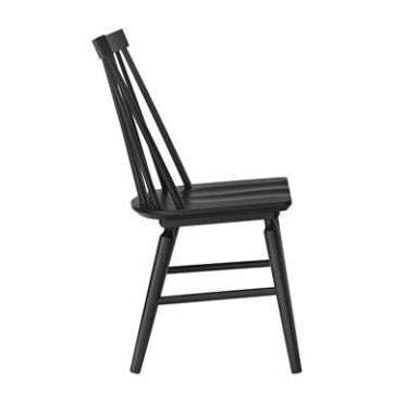 Black wooden chair with slatted back, side view.