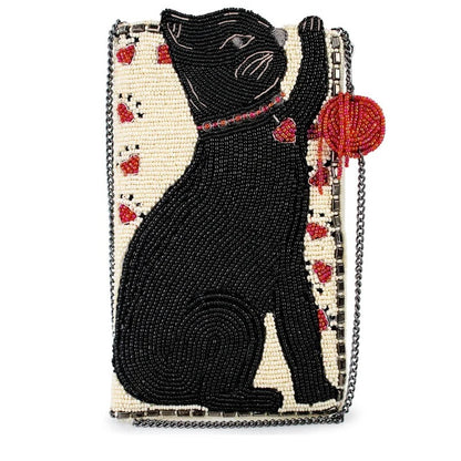 Beaded bag featuring a black cat with red heart accents.