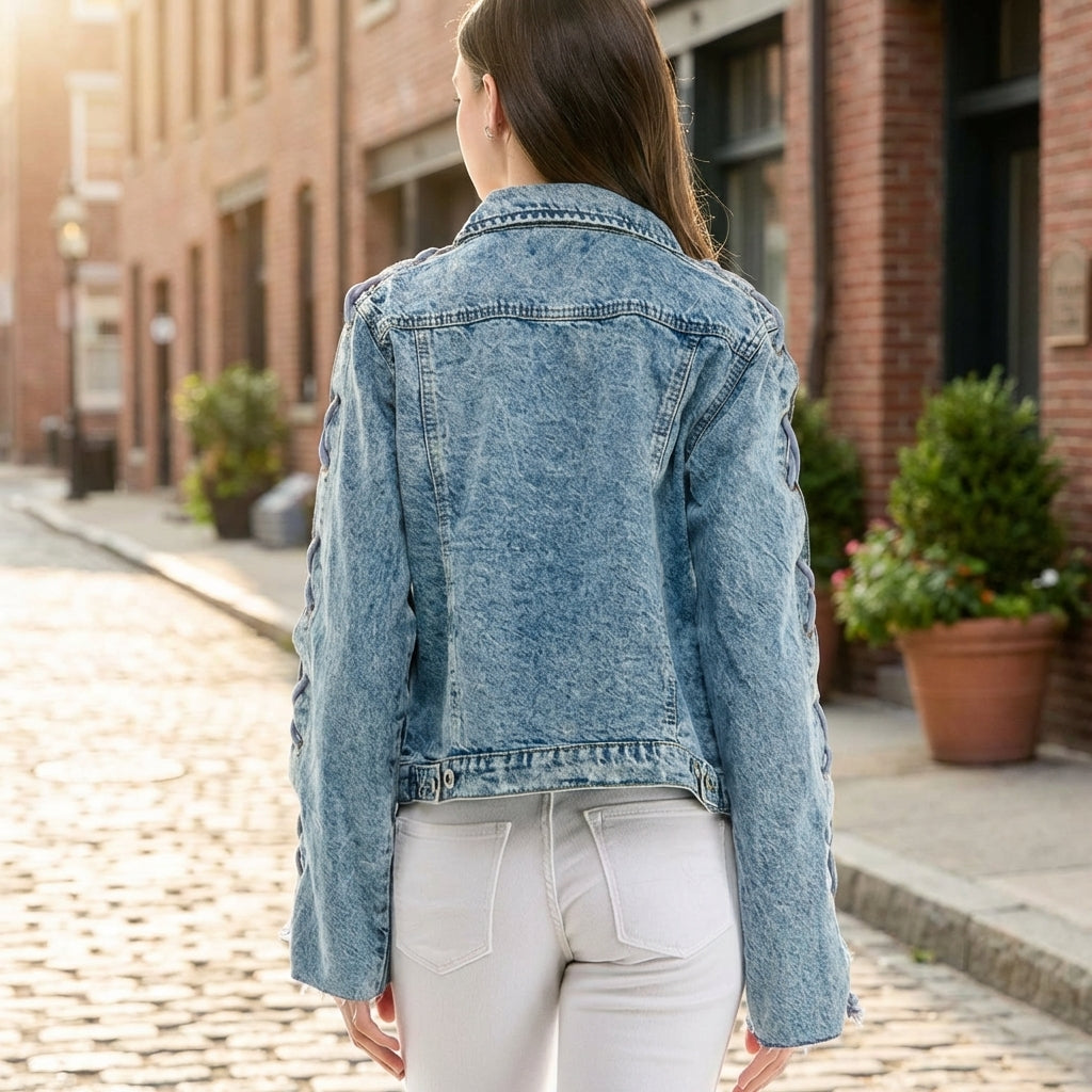 Woman in a denim jacket walks down a sunlit cobblestone street.