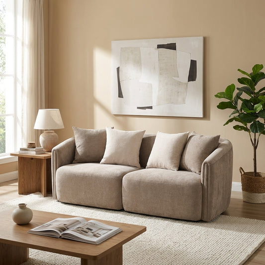 Beige modern sofa with four matching cushions.