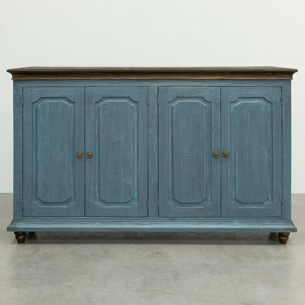 Open blue cabinet with three shelves and wooden top.