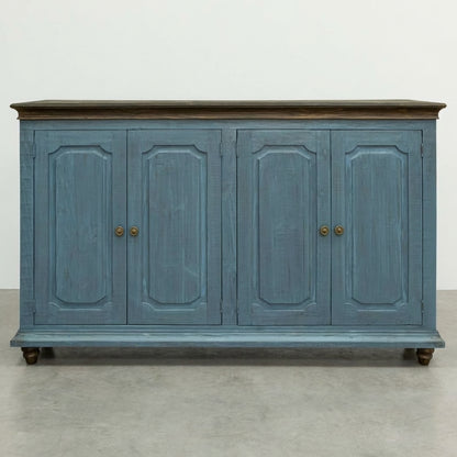 Open blue cabinet with three shelves and wooden top.