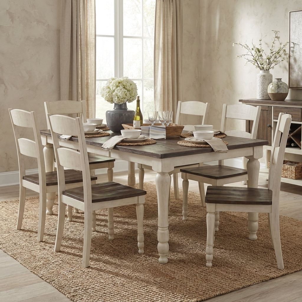 Rustic dining table set with chairs and decorative centerpiece.