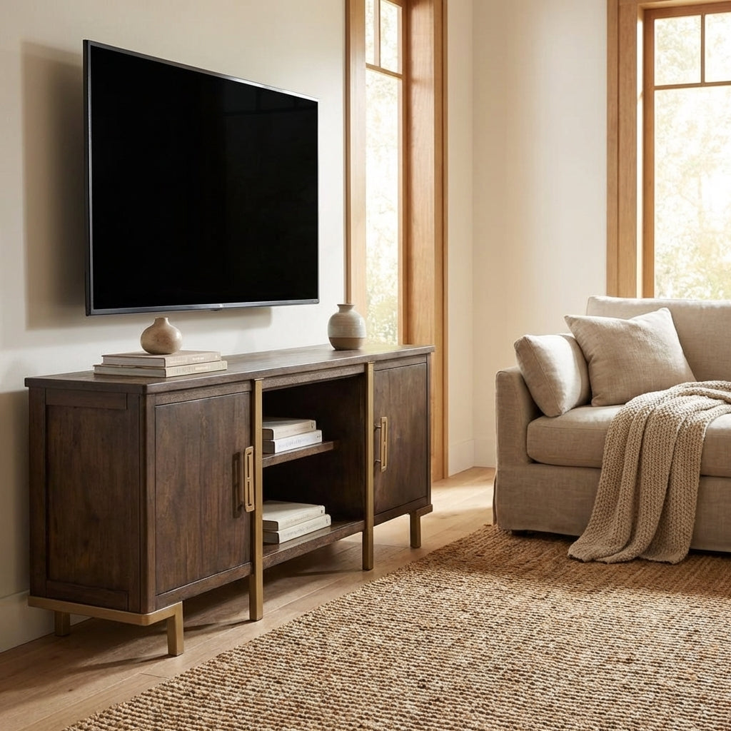 Wooden sideboard with two doors, open shelving, and metallic handles.