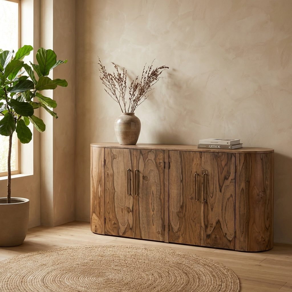 Wooden cabinet with curved edges and sleek handles.
