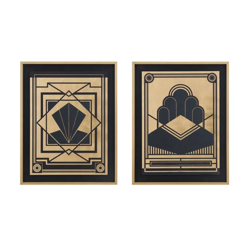 Two art deco-inspired geometric prints in gold and black frames.