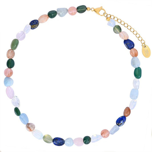Colorful beaded necklace with a gold clasp and chain extension.