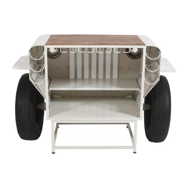 Unique bar cart with tire accents, wine racks, and ample storage inside.