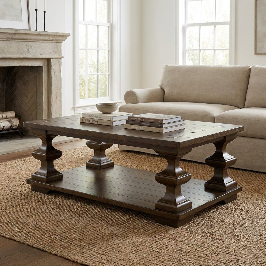 A rustic wooden coffee table anchors a bright living room with a beige sofa and stone fireplace.